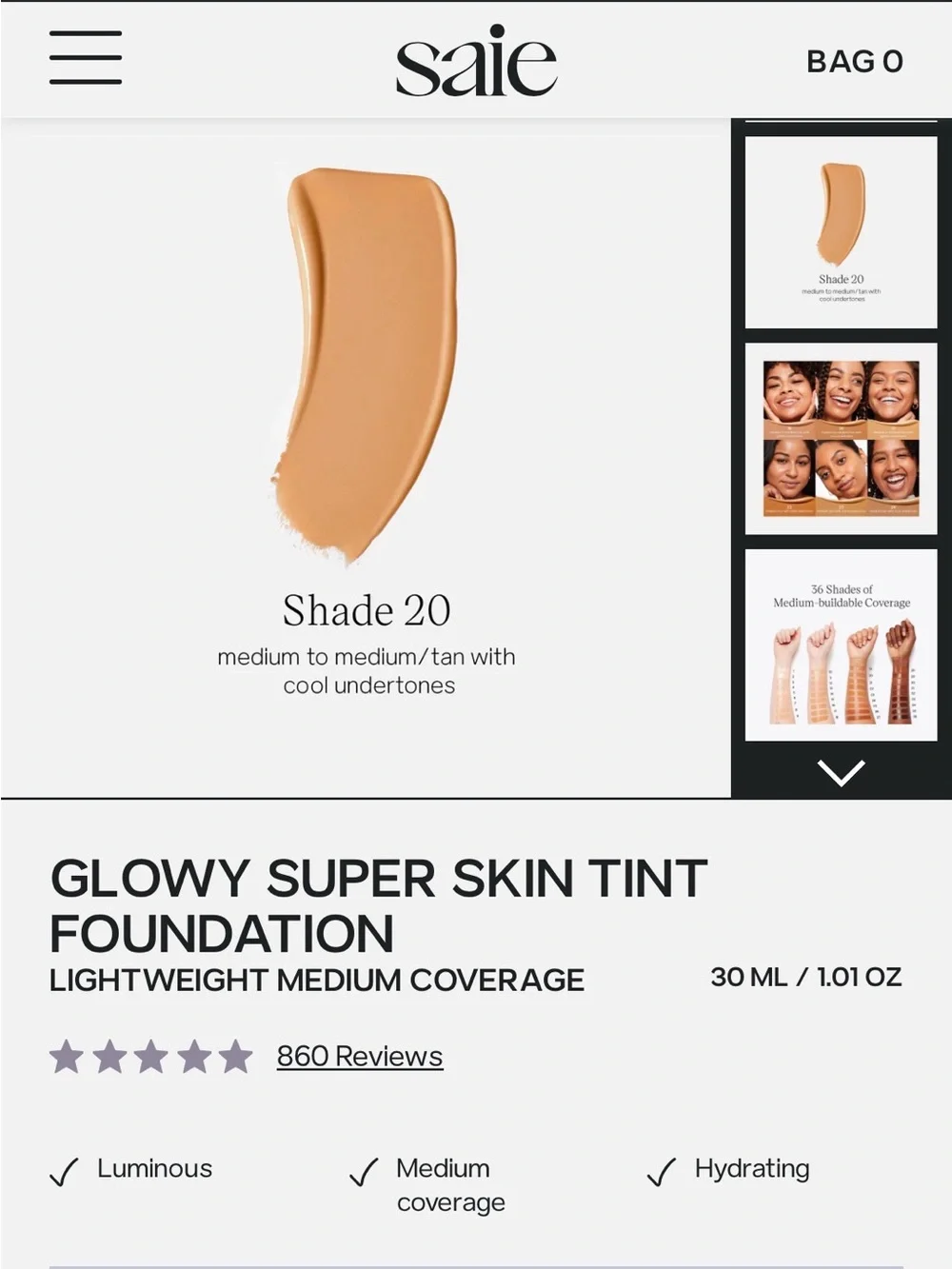 Saie Glowy Super Skin Tint Full Size Foundation in Shade 20 Medium/ Medium Tan
